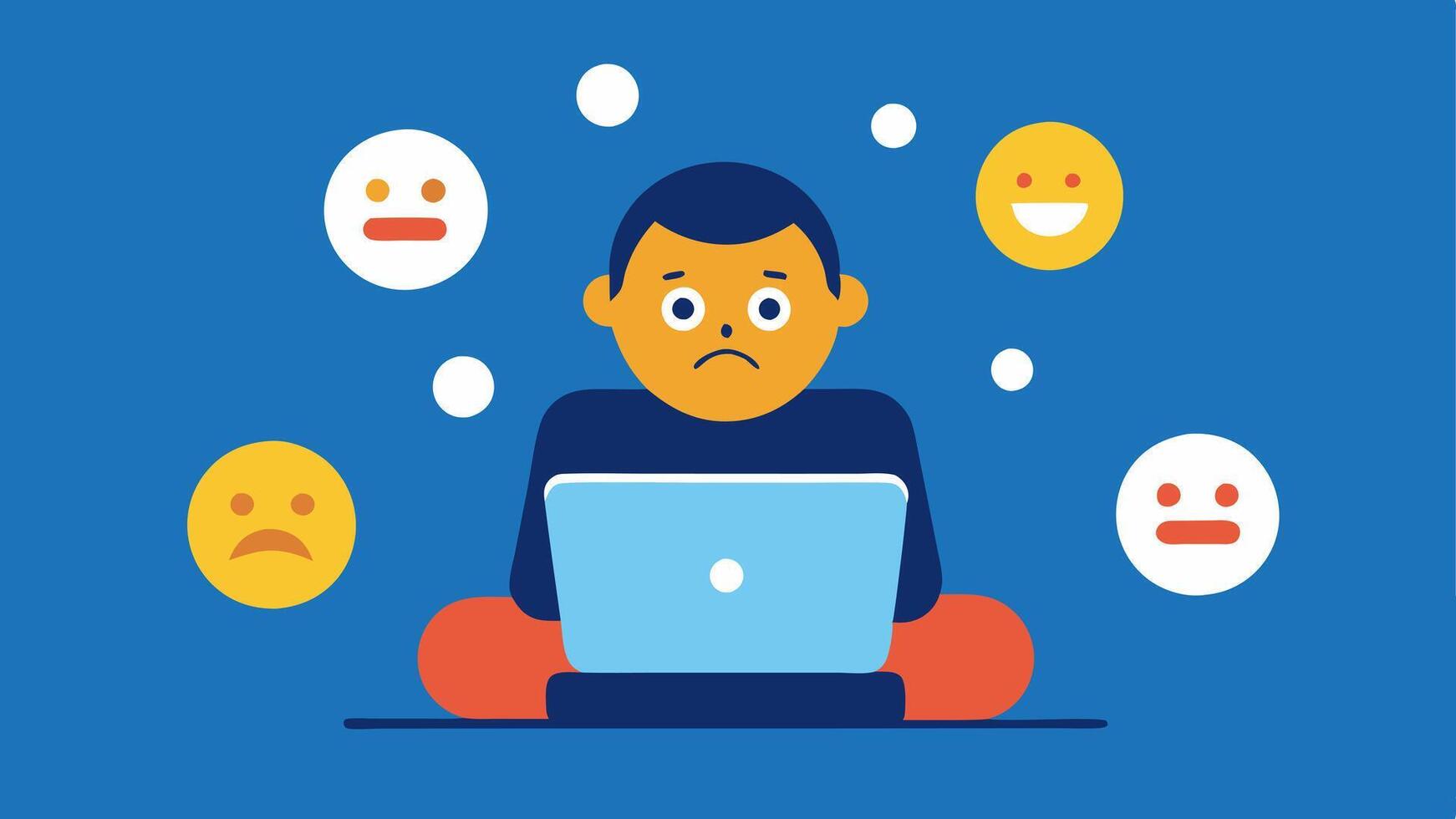 Thumbs Up Overload A character sitting in front of their computer surrounded by countless thumbsup emojis looking drained and unappreciated.. vector