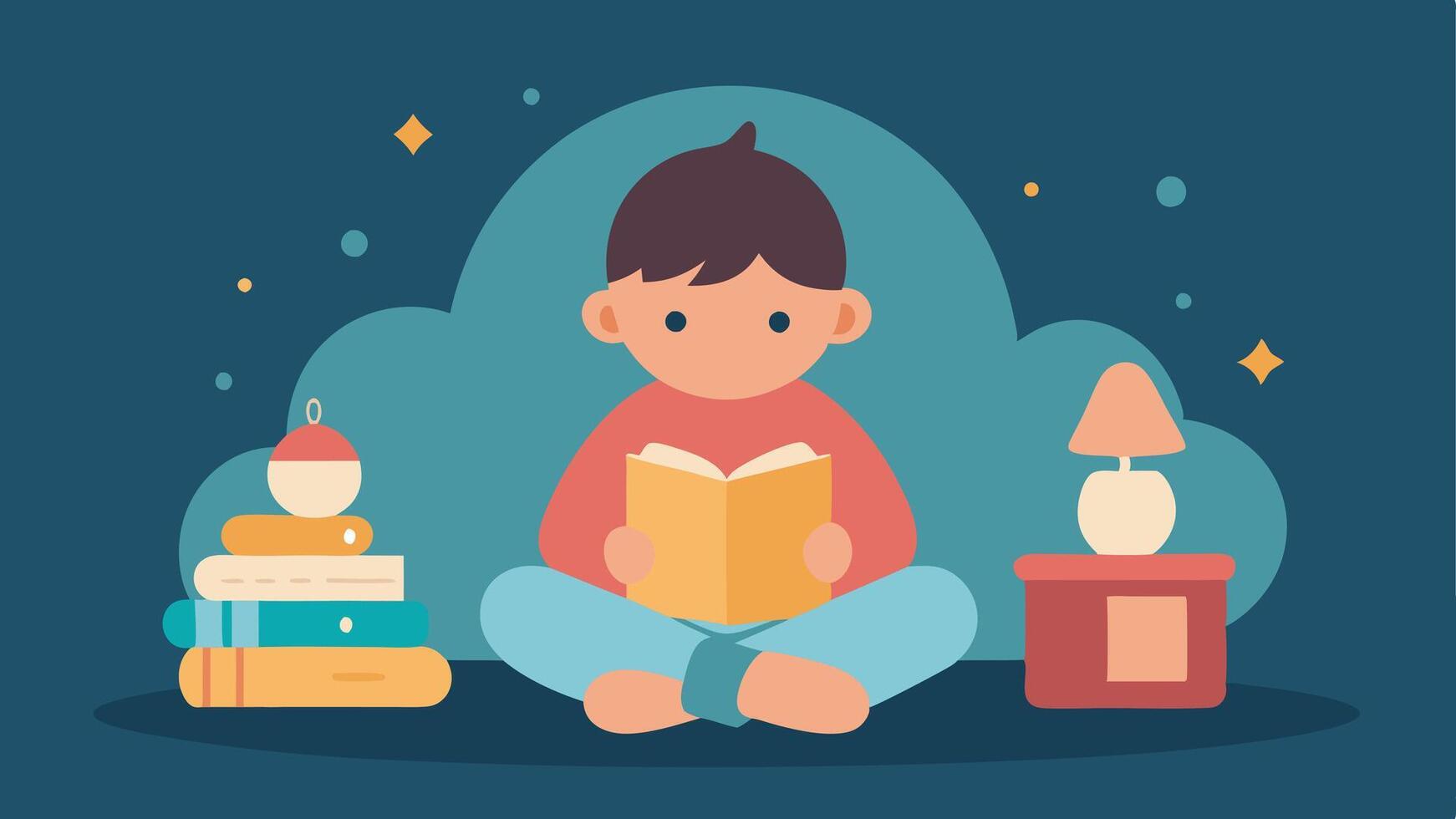Calm Corner An illustration of a cozy corner filled with cushions books and calming objects. A child is seen reading quietly demonstrating the importance of having a peaceful space. vector
