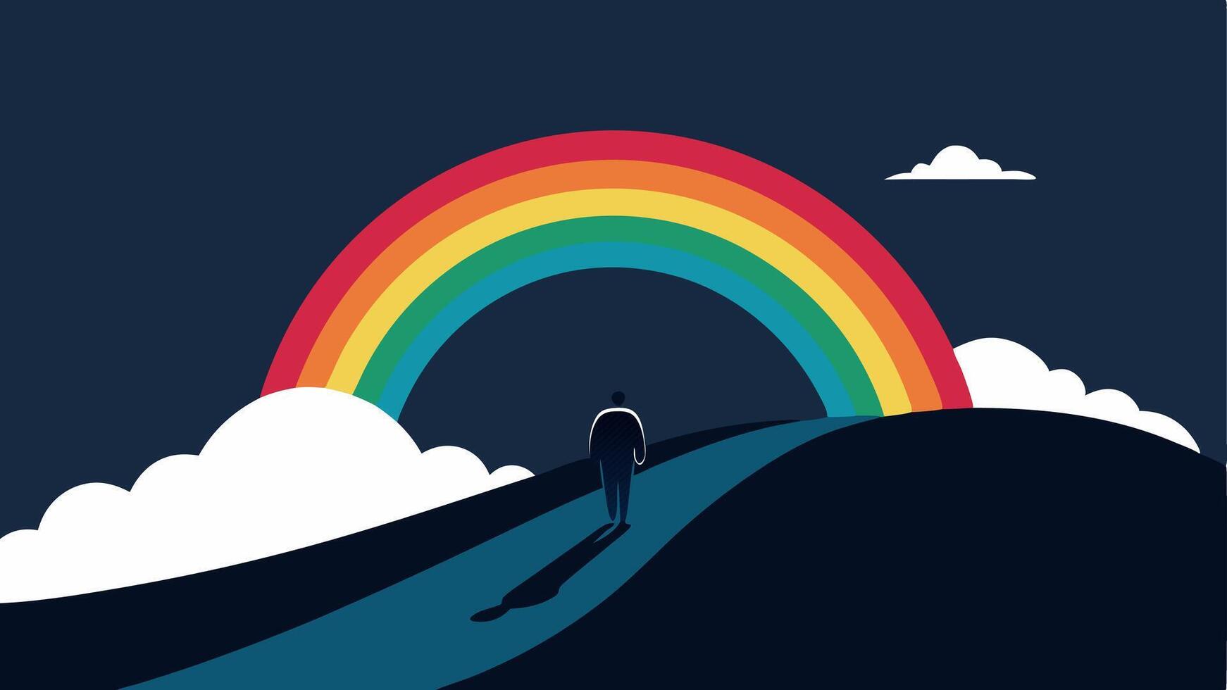 Clouds and Rainbows A landscape where dark clouds failure are on one side and a vibrant rainbow success on the other with a figure walking from the clouds towards the rainbow. vector
