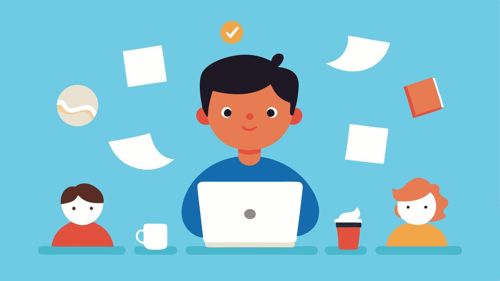 Virtual Meeting Chaos A character attending a virtual meeting on a laptop surrounded by kids playing loudly with papers tered around and a coffee cup precariously teetering on the. vector