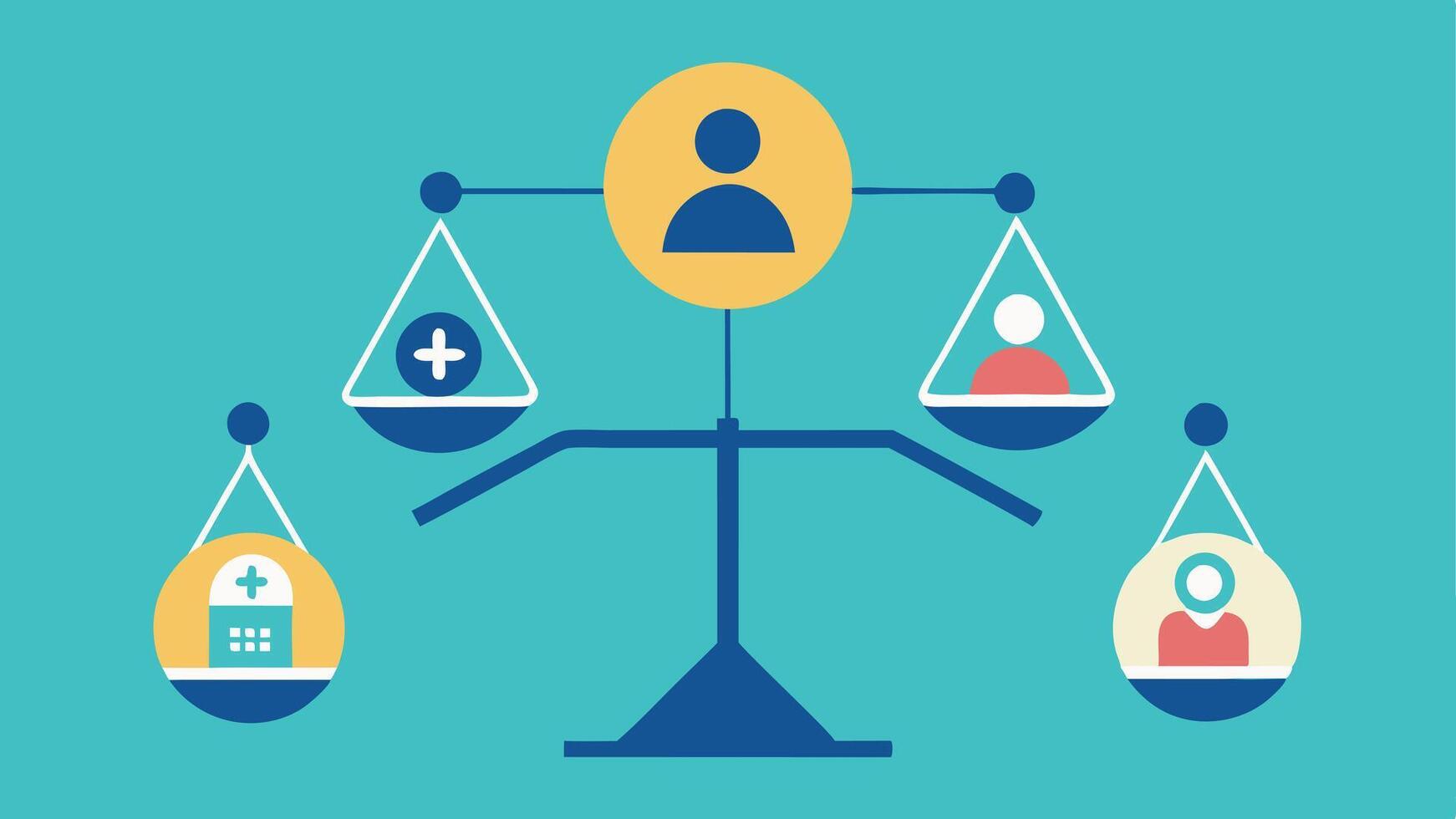 A scale balancing symbols from each level of the hierarchy showing how achieving a balance of all needs leads to a fulfilling life.. vector