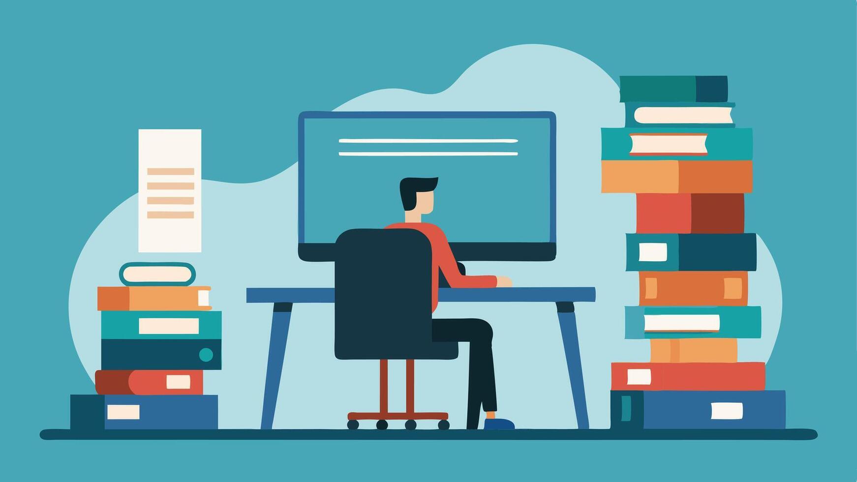 Office Adventure An office space features a gigantic desk overflowing with oversized papers and a massive computer monitor. A small person sits at a minuscule chair peering at the. vector