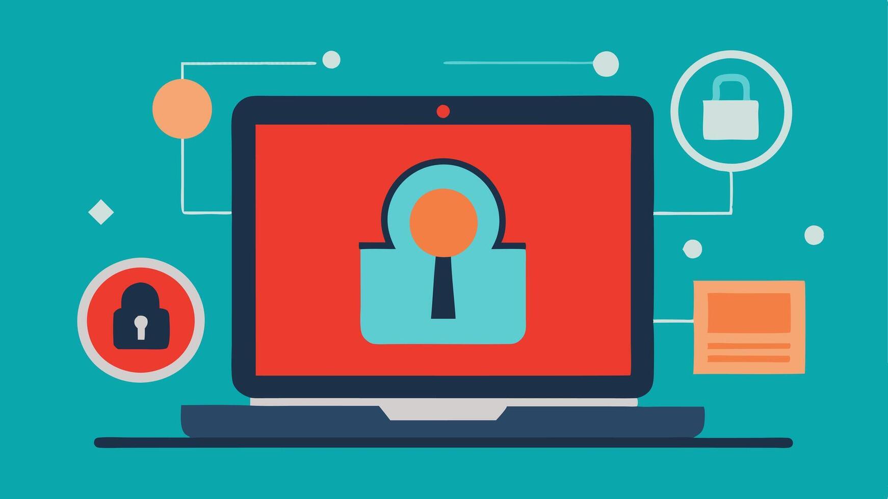 Locked Laptop with Keyhole A laptop with a large keyhole in the center surrounded by digital locks and alerts the concept of securing personal devices against. vector