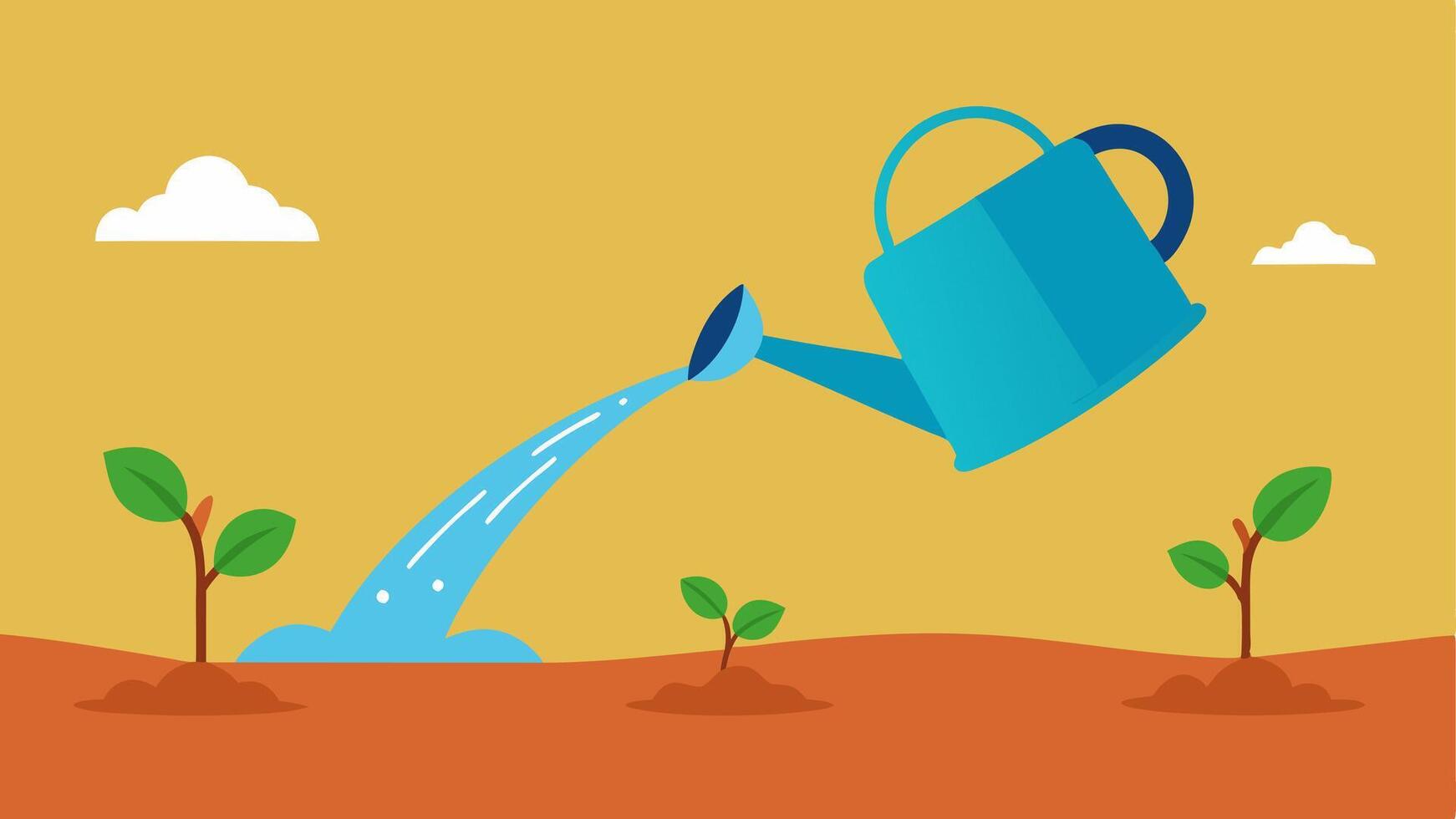 Watering Can An of a watering can pouring out very little water onto parched soil depicting the struggle of maintaining plants in a drought.. vector