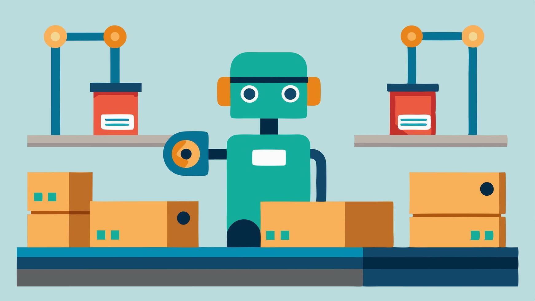 Automated Packaging A robot assembling packages by inserting items into boxes on a conveyor belt applying tape and labeling them for shipment all while working steadily without. vector