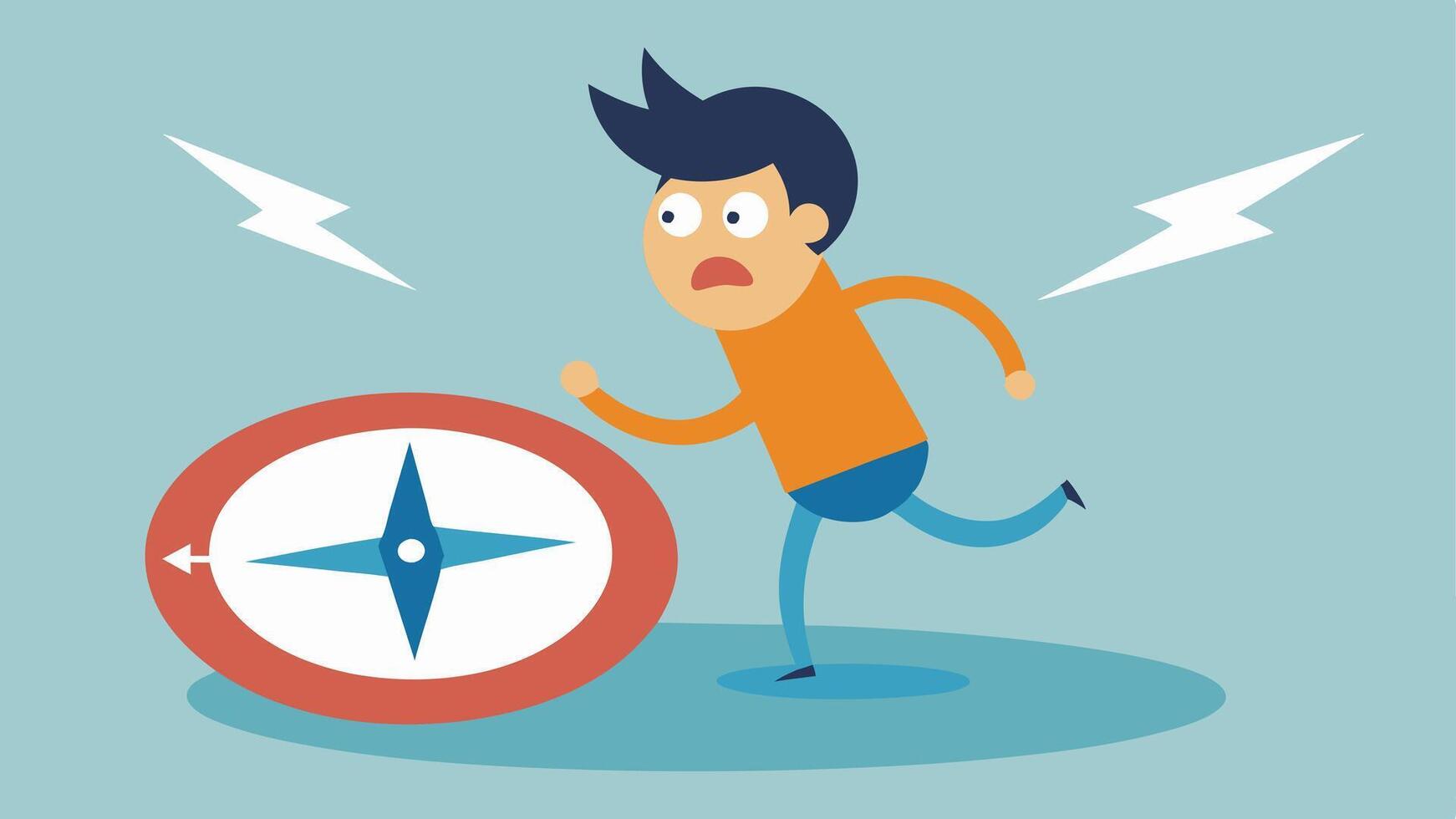 Broken Compass A cartoon compass spinning wildly with a person looking frustrated and confused trying to figure out which way to go.. vector
