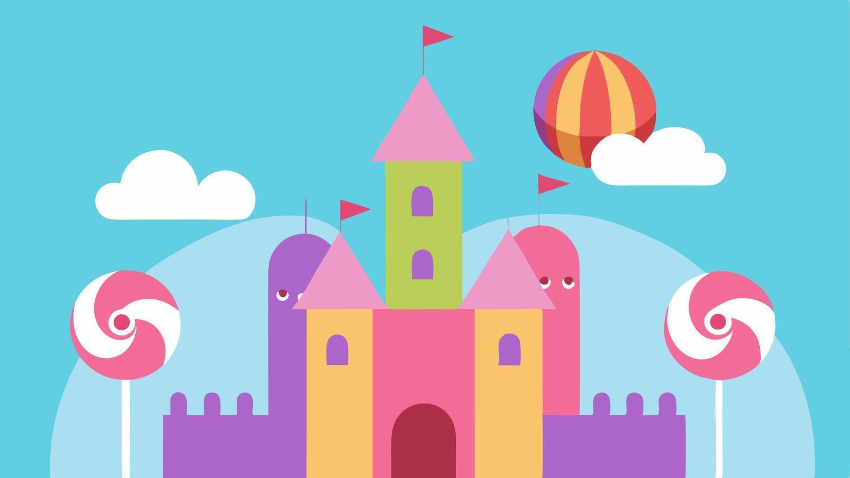 Lollipop Heights A cheerful depiction of a candycolored castle hanging upside down with candy canes forming the edges of the roof. Joyful characters are illustrated entering. vector