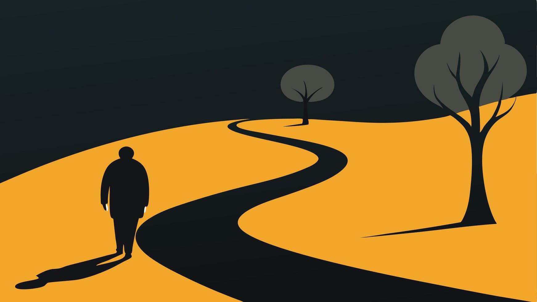 Lonely Stroll A silhouetted elderly figure walking down a winding path with shadows of trees on either side highlighting the loneliness of a solitary journey through life.. vector