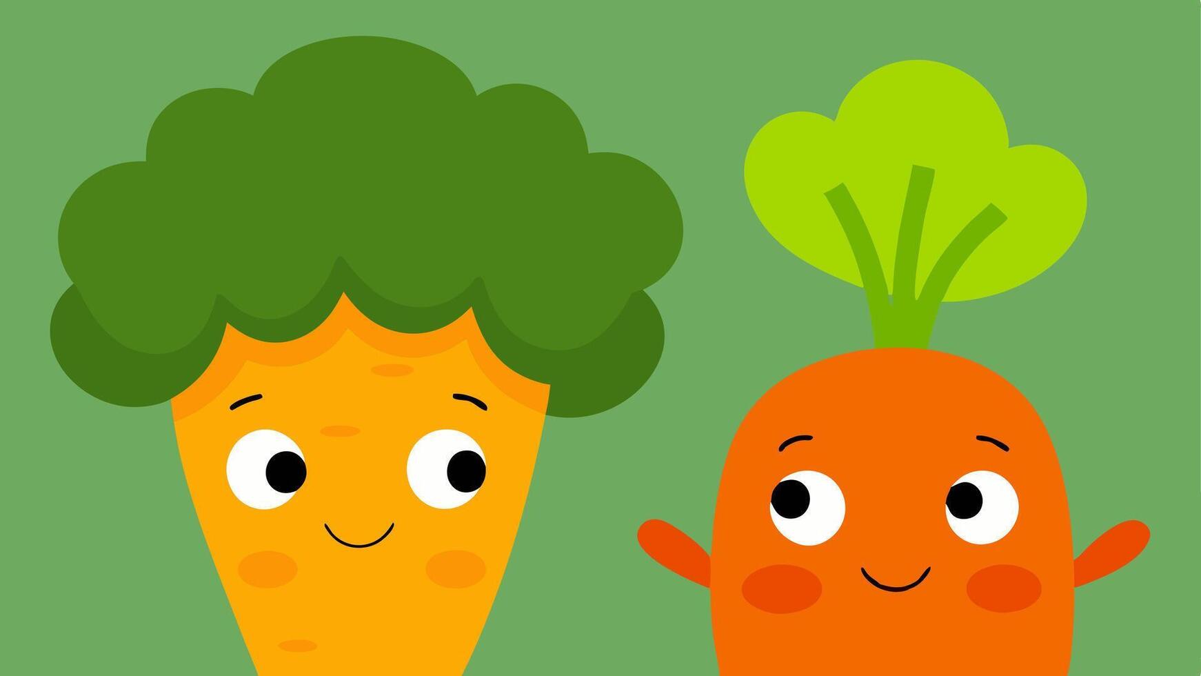 Facial Expressions Closeup of the carrot and broccoli highlighting their faces. The carrot has wide expressive eyes showing determination while the broccoli has a furrowed brow. vector