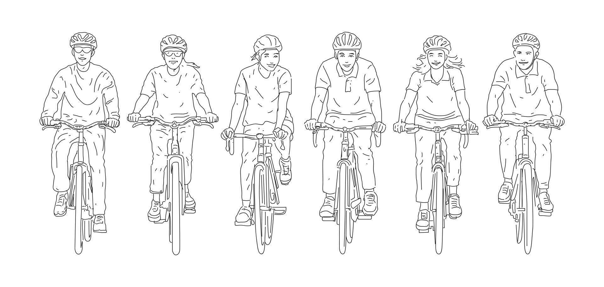 Group of people cycling on their bikes, sketch, line art illustration. Isolated on white background. vector