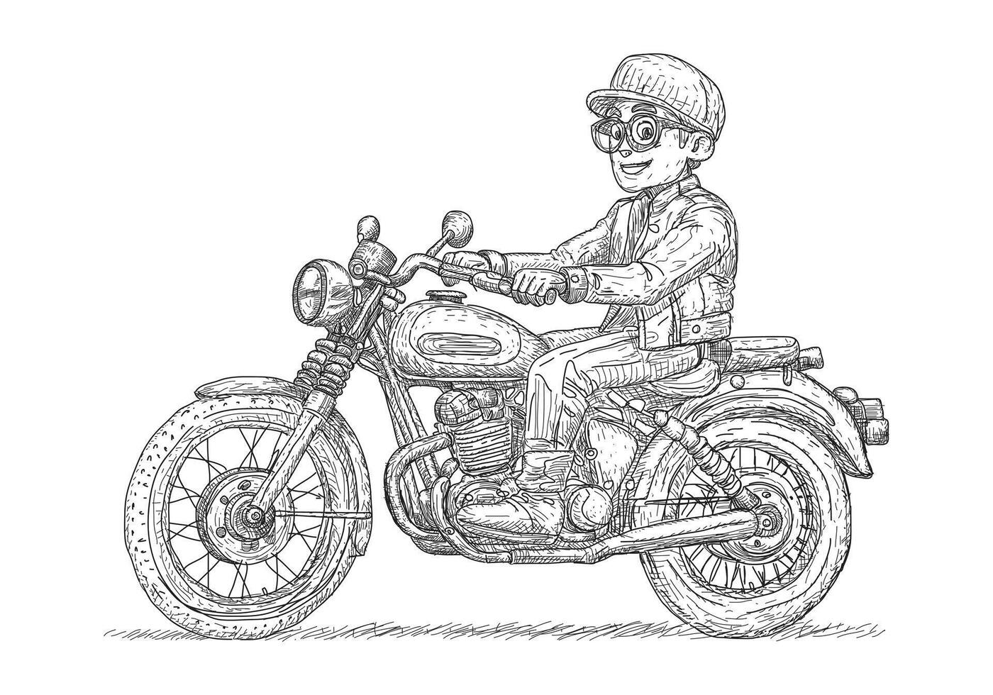 A man riding motorbike. A vintage motorcycle and rider illustration in black and white, isolated on white background. vector