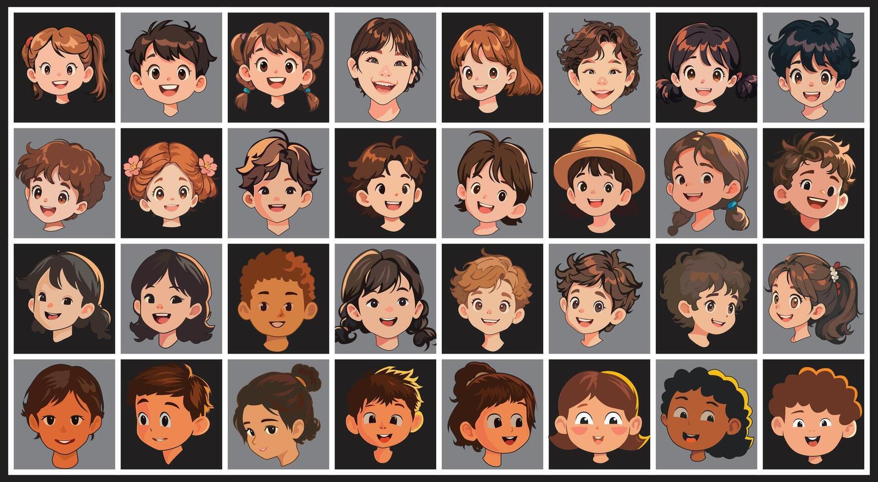 Collection of Cartoon Kids' Faces Diverse Portraits of Smiling Children, Illustration. vector
