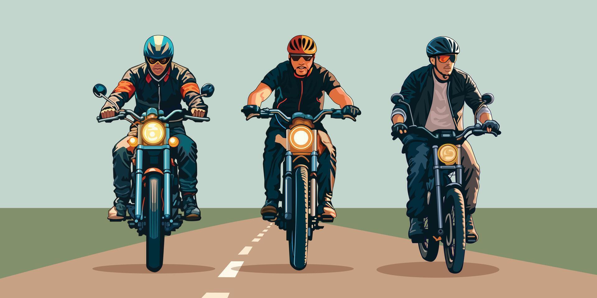 Three riders on motorcycles on the road illustration. vector
