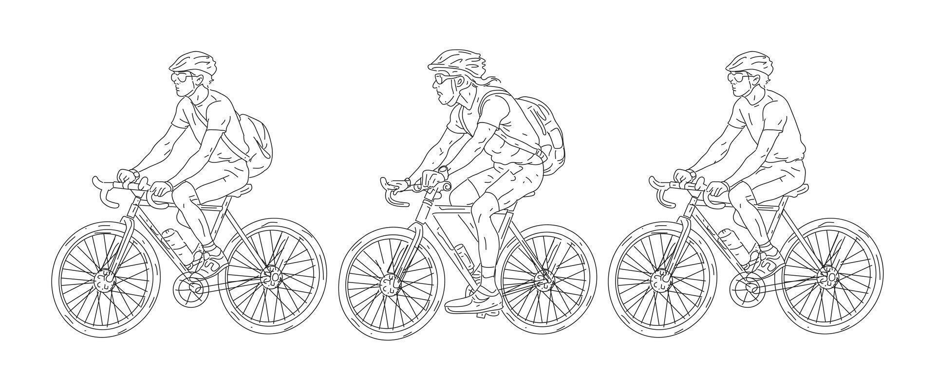 Cyclists Riding Bicycles Line Art Illustration. vector