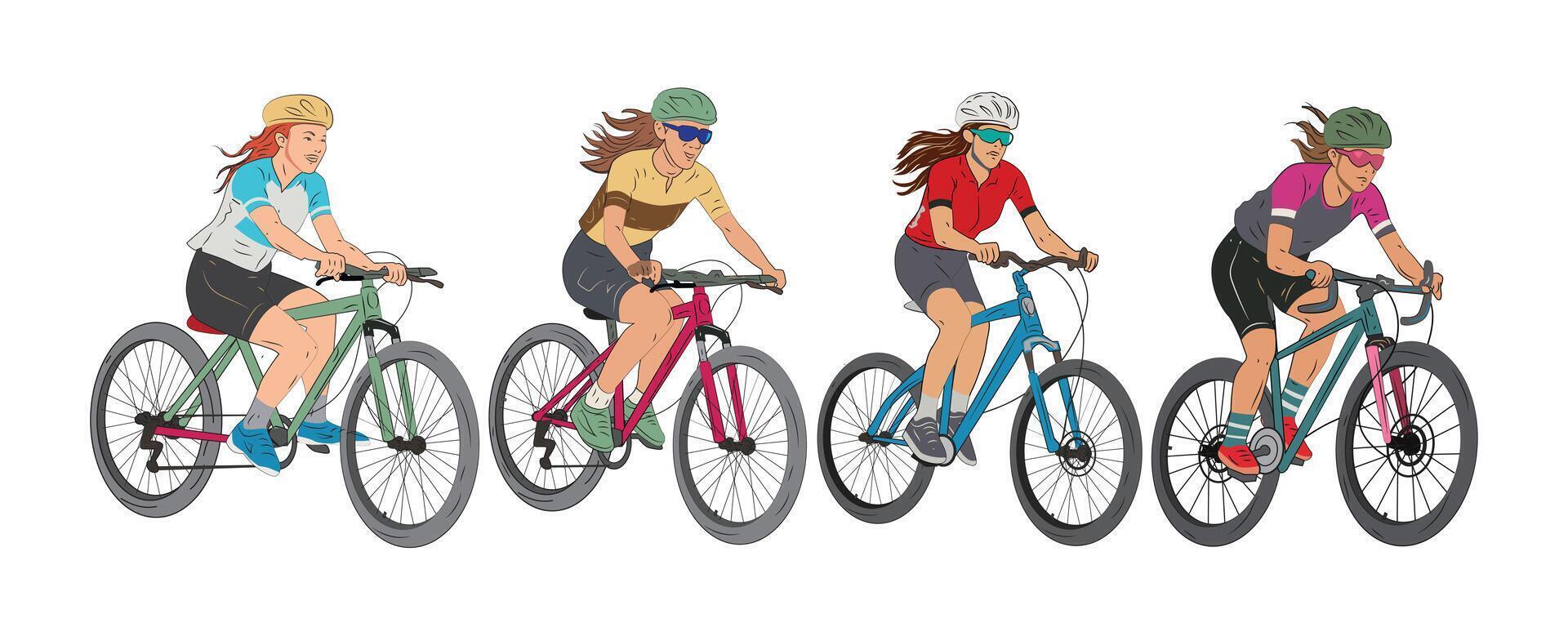 Women riding bikes color line art illustration, isolated on a white background. vector