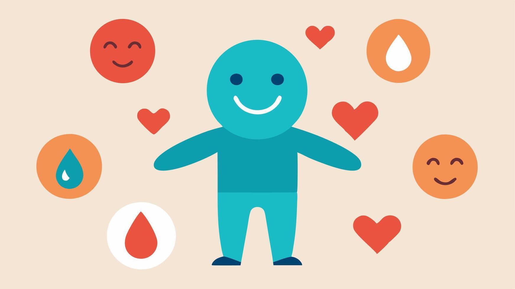 Emotional Appeal A character with a warm smile handing out hugs or comforting friends surrounded by emotive icons like hearts and teardrops depicting the use of emotions to. vector
