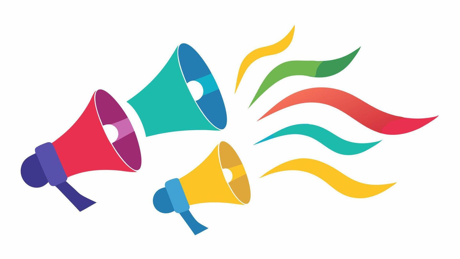 Voices for Change A graphic of megaphones in various colors emitting waves of sound the collective call for change from the community.. vector