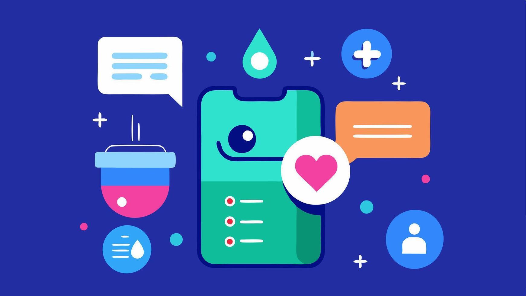 Mobile App Design An illustration showcasing a mobile app interface with a vibrant chatbot icon and examples of health advice like Drink more water and Rest when tired.. vector