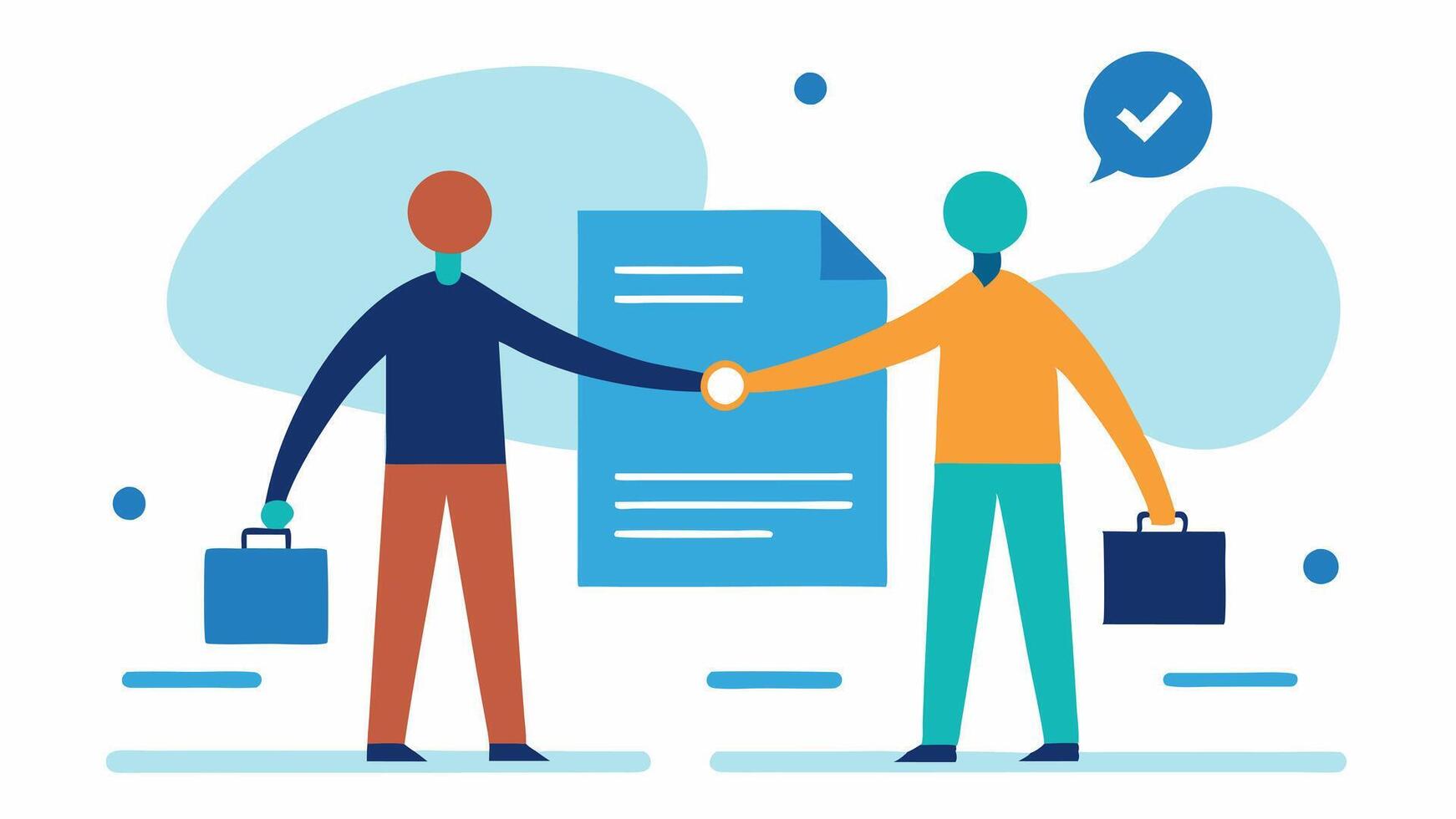 HandsFree Agreement A image of two abstract figures shaking hands with a digital contract icon hovering above them depicting the notion of agreements being exeed. vector