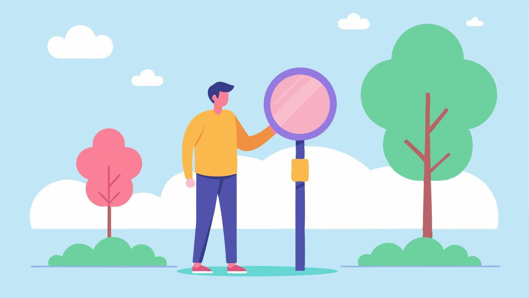 Park Goer A young adult in casual clothing stands in a sunny park bent slightly forward as they scrutinize an enormous PARK RULES sign using a comically oversized magnifying glass.. vector