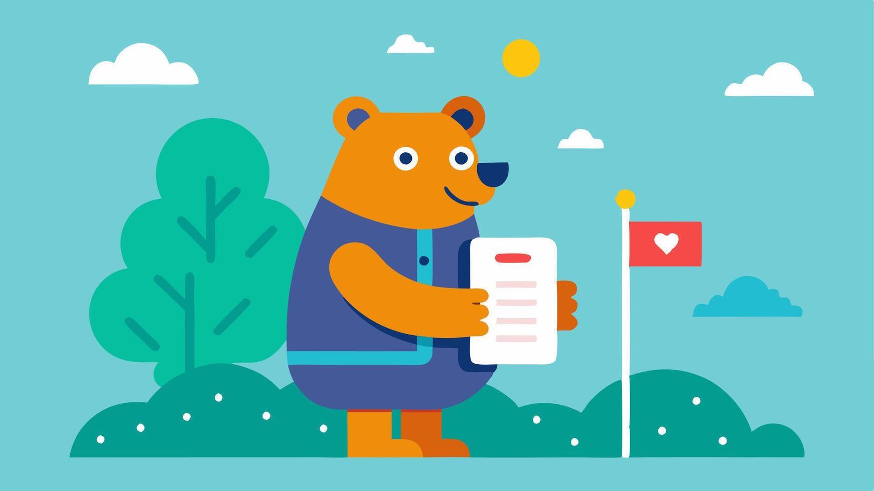 Playful Interaction In this illustration the bear is playfully interacting with a bird perched on its shoulder which seems to be reading the newspaper. The bears jacket features. vector