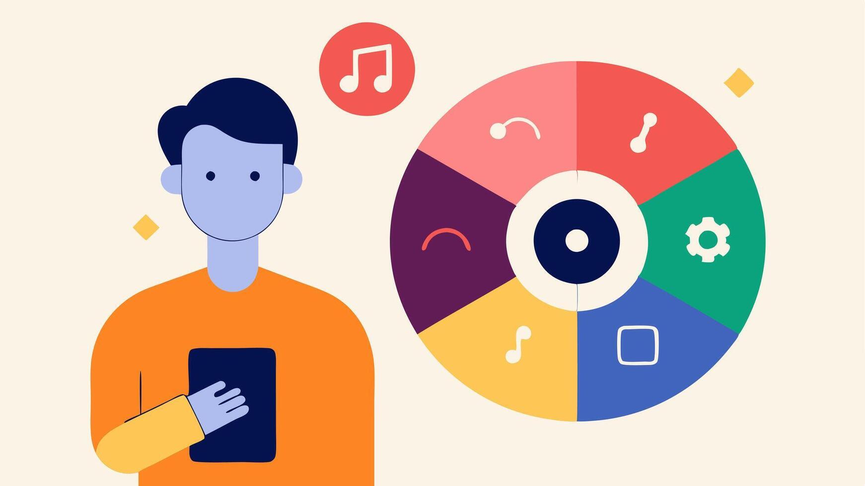 Music Genre Exploration An illustration of the AI presenting a wheel or grid of genres with the user selecting different genres to refine their recommendations.. vector