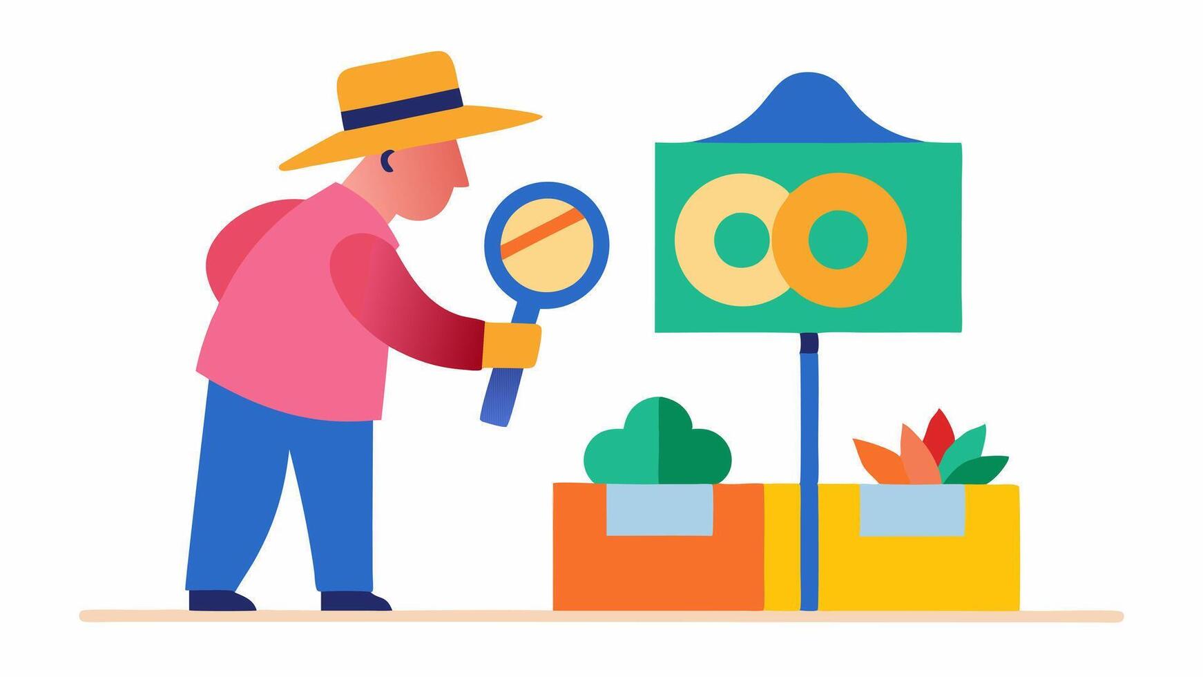 Market Visit A middleaged person in a shopping hat is in a vibrant outdoor market holding a large magnifying glass to read a massive sign that lists various fruits and prices. The. vector