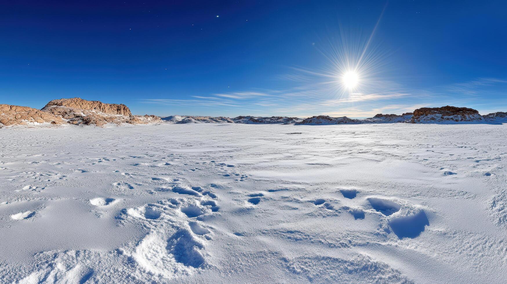 A panoramic view of a snowy landscape with the sun shining photo