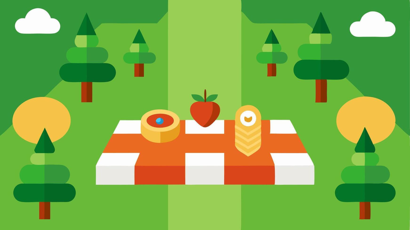 Symmetrical Blanket Arrangement A vibrant picnic blanket is laid out in a classic checkered pattern perfectly centered on a green field. All food items including sandwiches fruit. vector