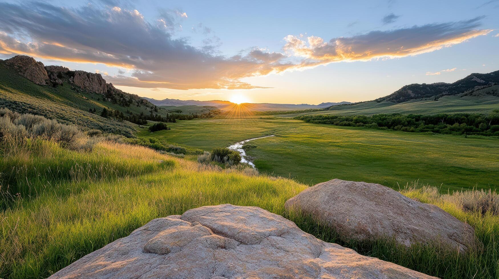 Sunset over the plains, with a stream and rocks photo