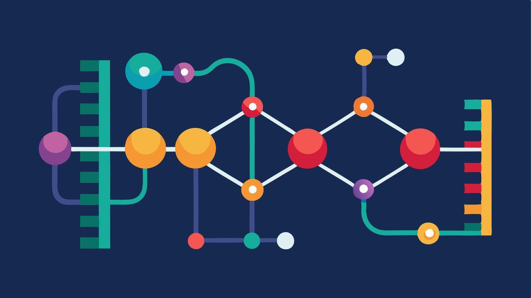 Molecular Assembly Line A visual of nanomachines working together in a coordinated fashion to build complex structures atom by atom with vibrant trails showing movement.. vector
