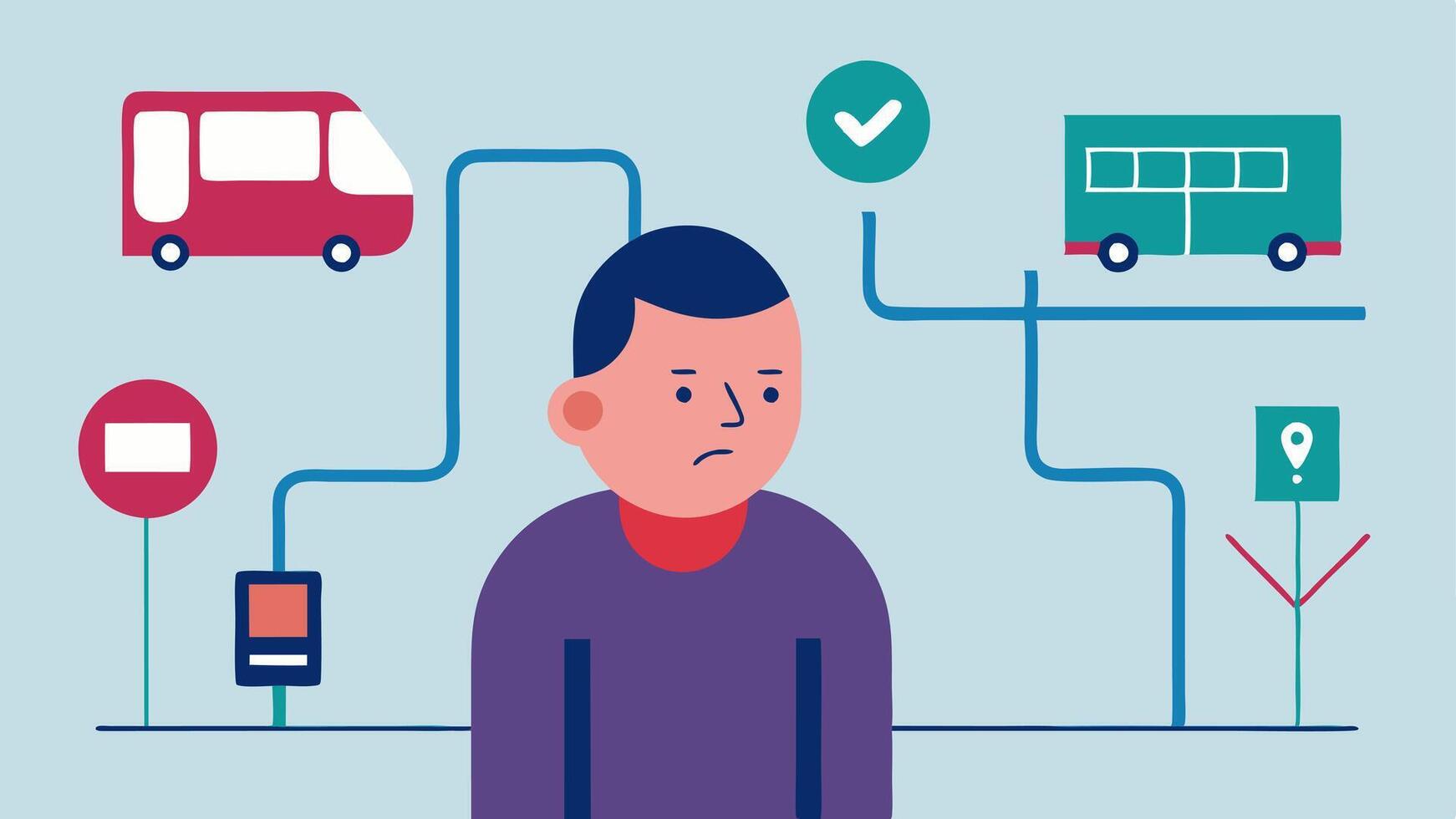 Insufficient Signage An of a public transport station with complicated maps and tiny text as a visually impaired person looks confused emphasizing inadequate. vector