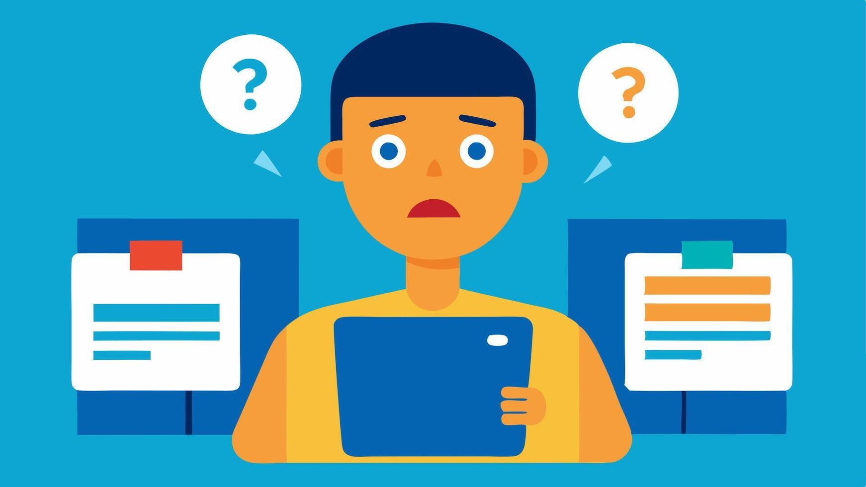 Identity Theft A person with a shocked expression as they discover their credit report on a tablet showing multiple accounts they never od symbolizing stolen identity.. vector