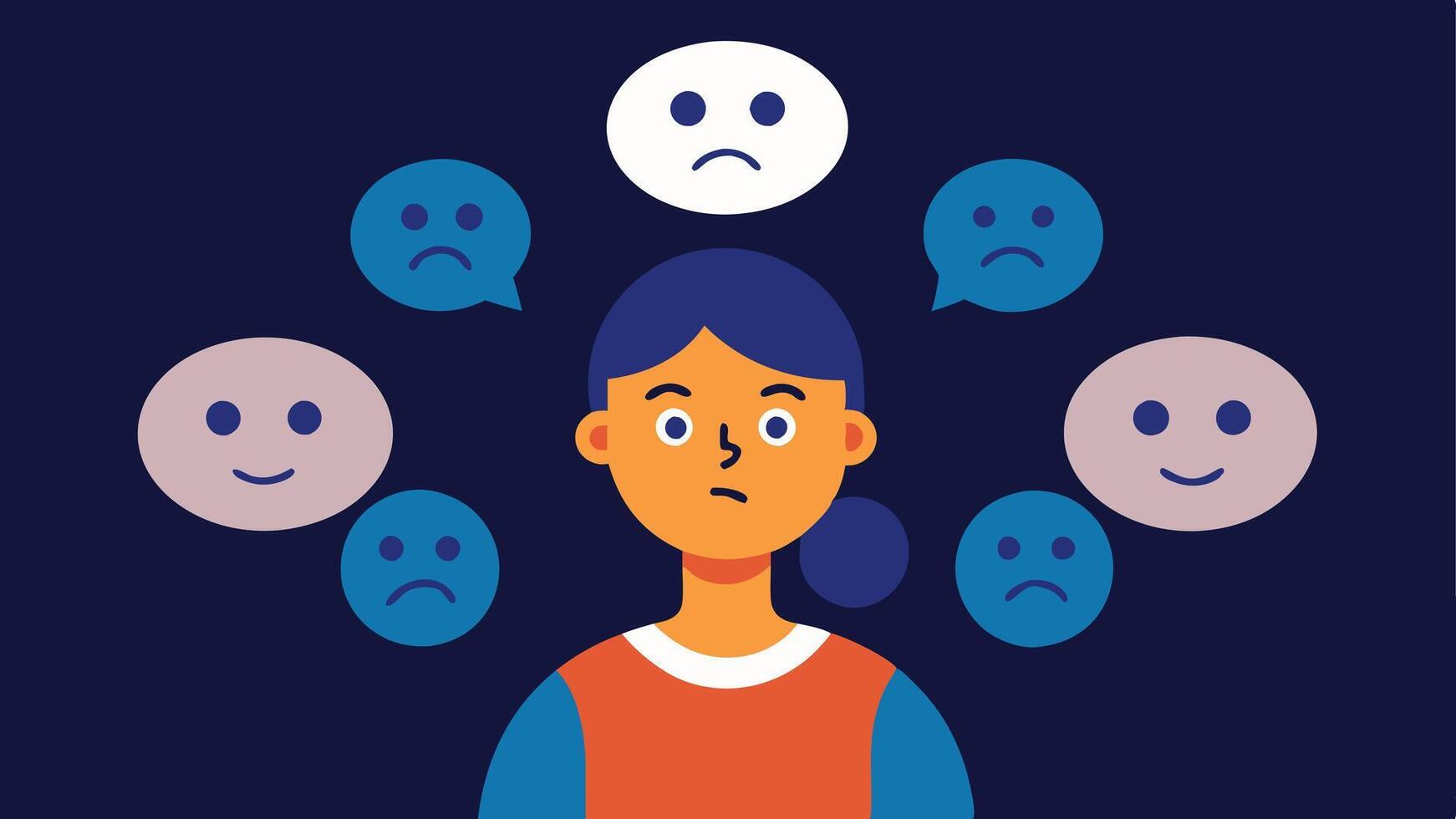 Conflicted Emotions A person with multiple overlapping thought bubbles showing happy faces and sad faces representing the internal conflict of emotional labor.. vector