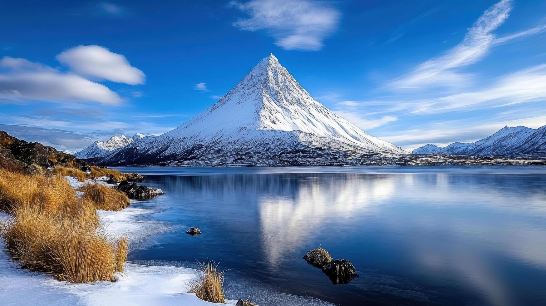 A mountain in the snow with a lake and grass photo