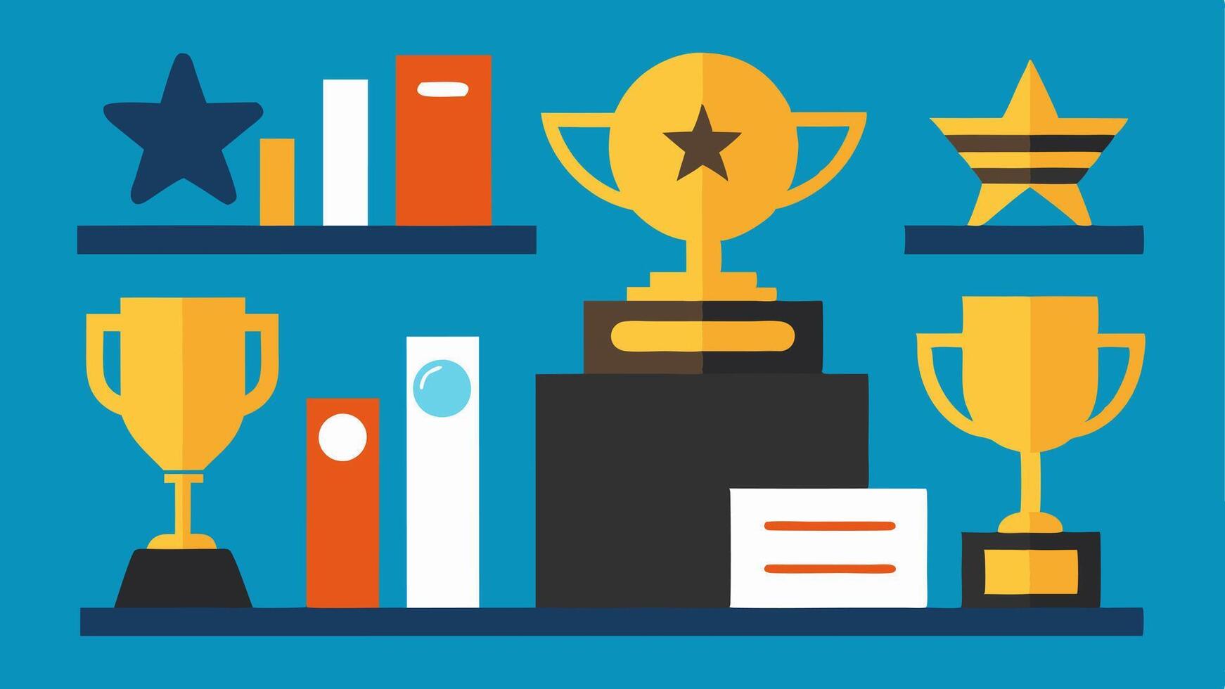 Trophy Shelf A shelf filled with trophies and awards ing achievement but includes a reality TV trophy highlighting how success is redefined through media exposure.. vector
