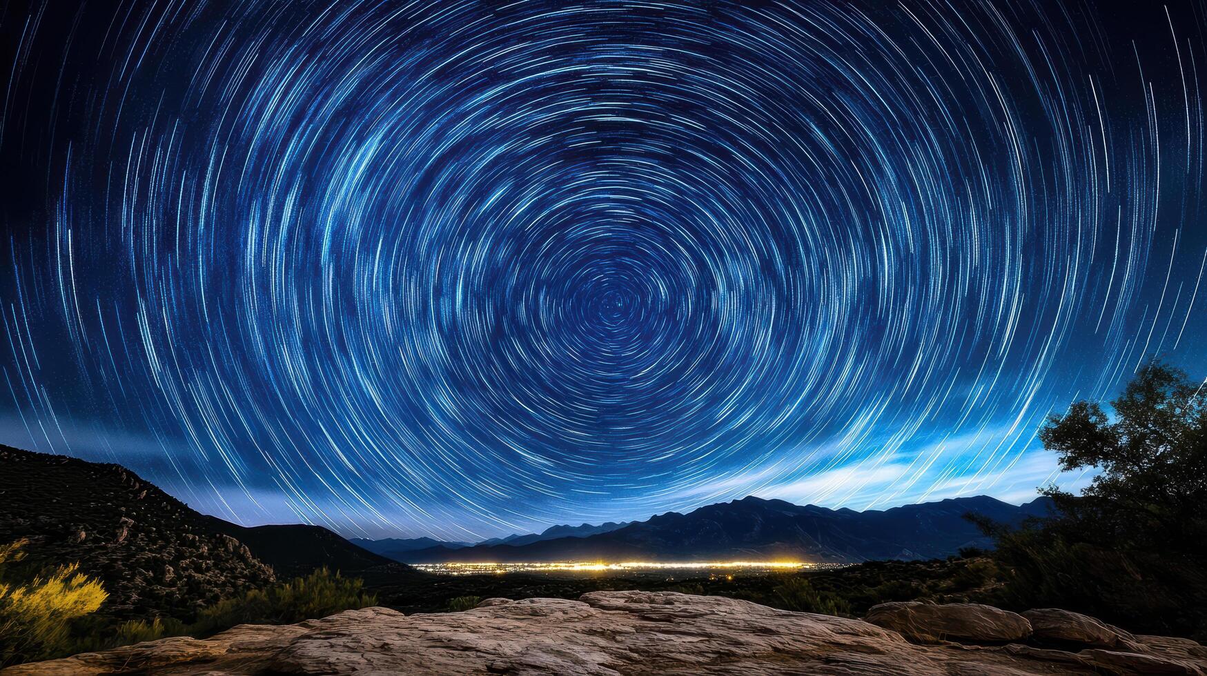Star trails over mountains and rocks photo