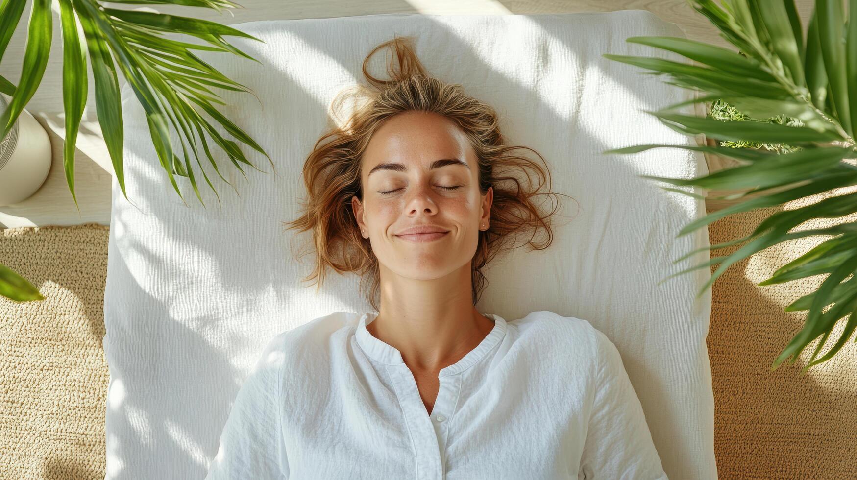 A woman is lying on a bed with her eyes closed photo