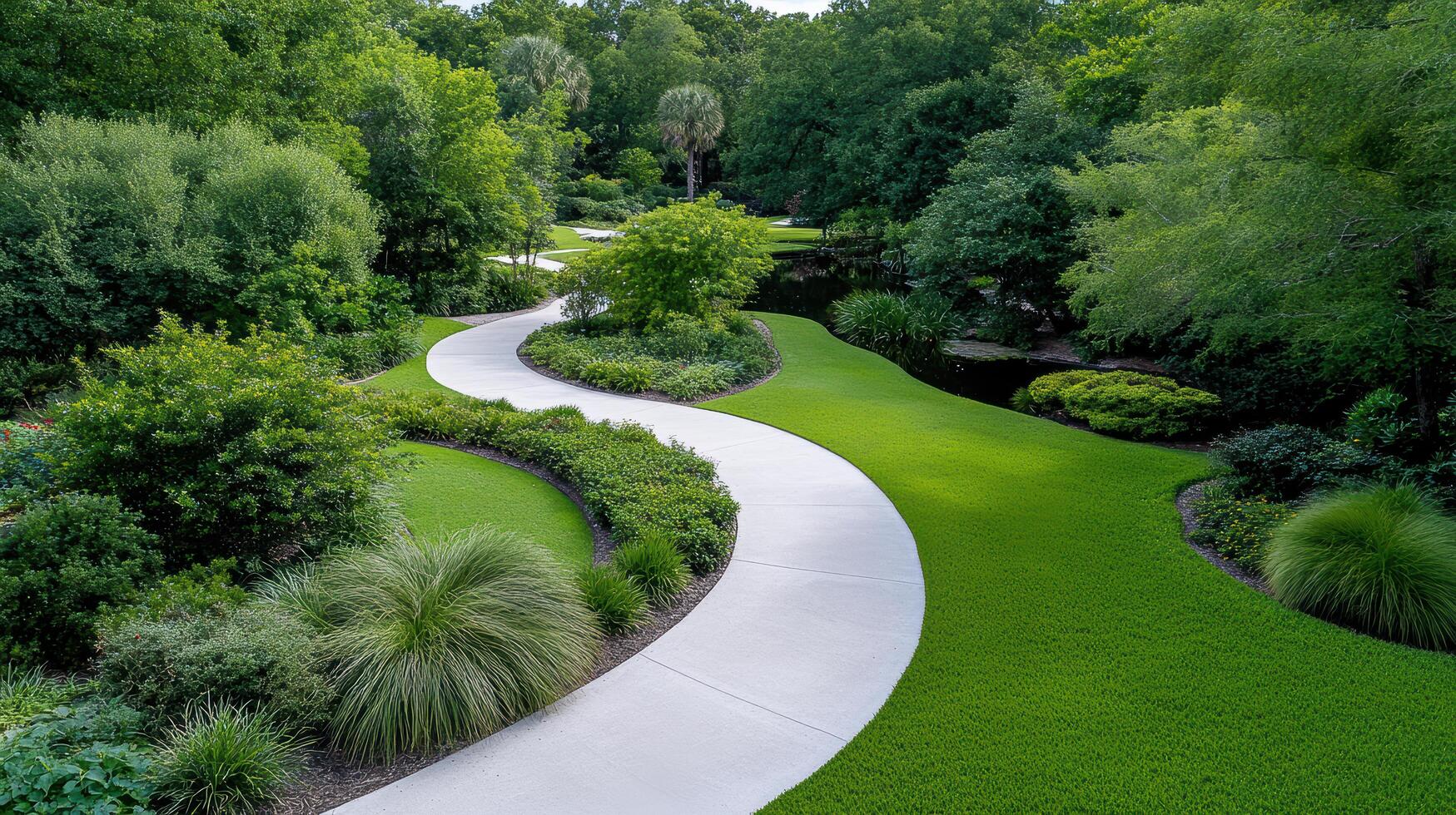 A walkway in a lush green park with grass and trees photo