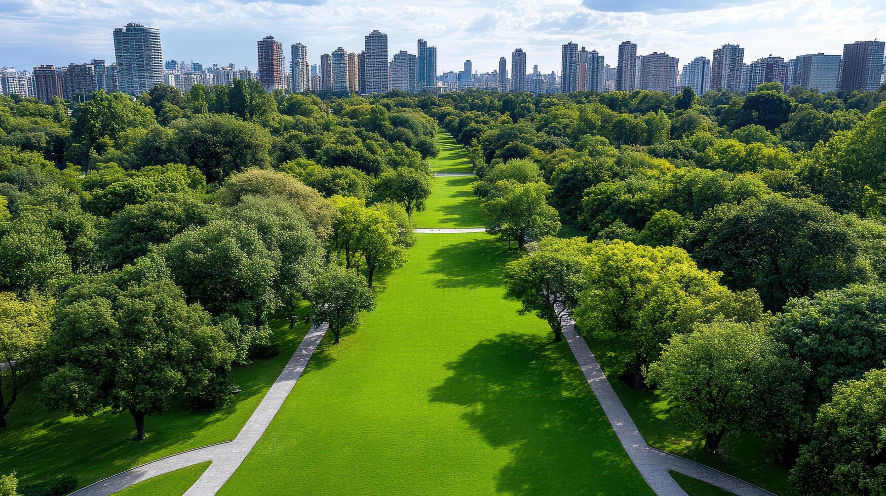 An aerial view of a green park with trees and a city skyline photo