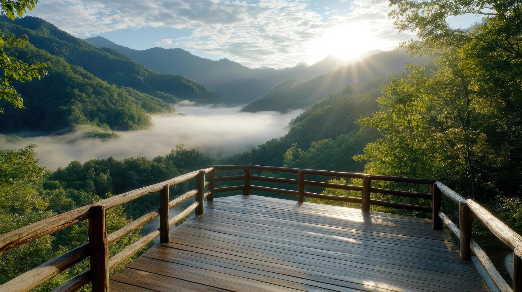 Wooden bridge over a valley with trees and fog photo