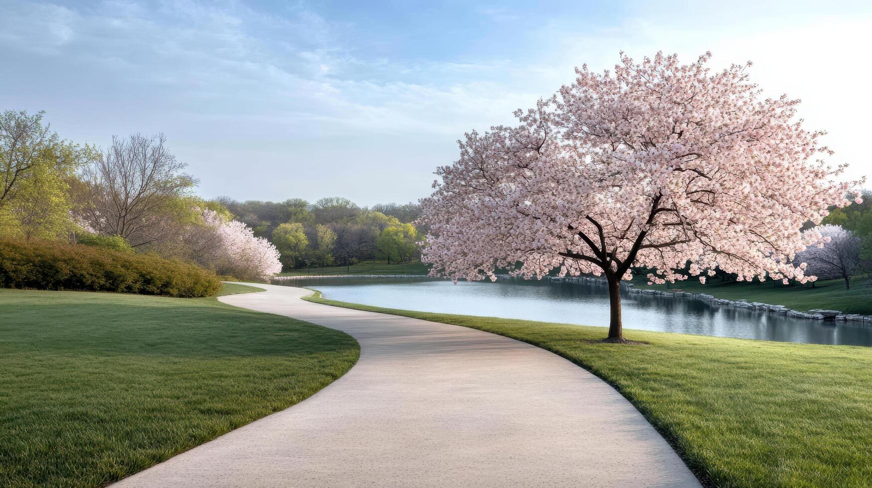 A path leading to a tree with pink flowers photo