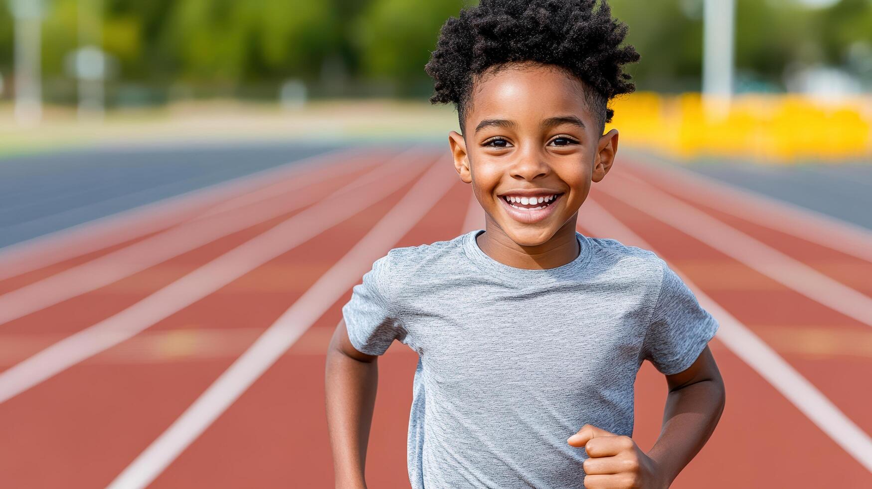 A young boy is running on a track photo
