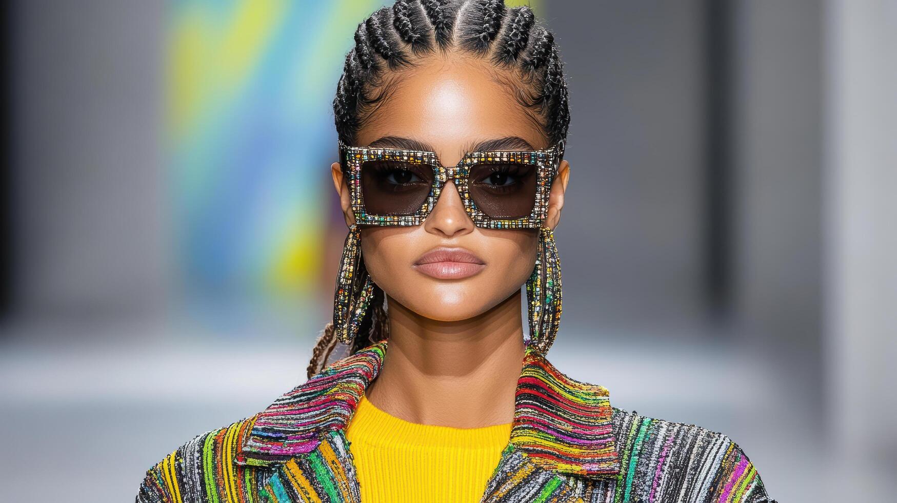 A model wearing sunglasses and a colorful jacket photo