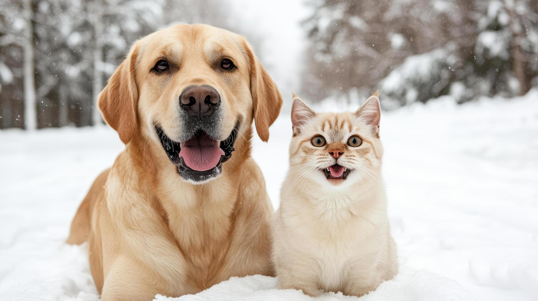A dog and cat sitting in the snow photo