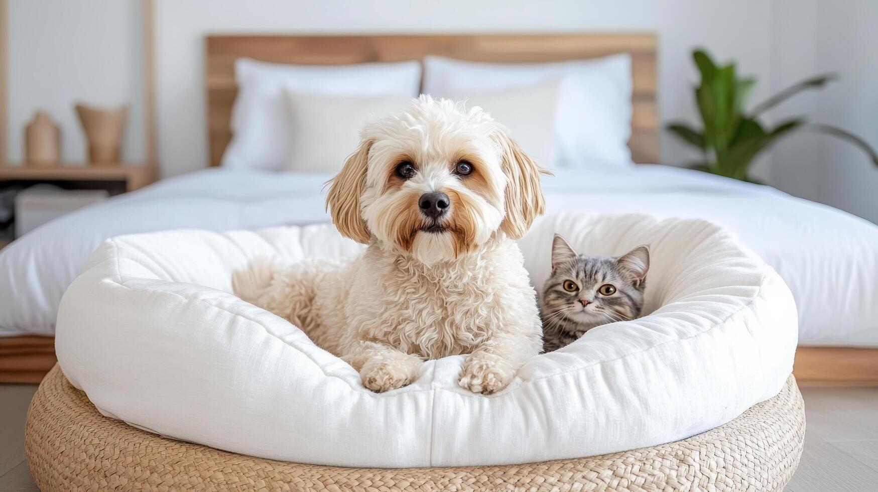 A dog and cat sitting in a bed with a bed and a white dog bed photo