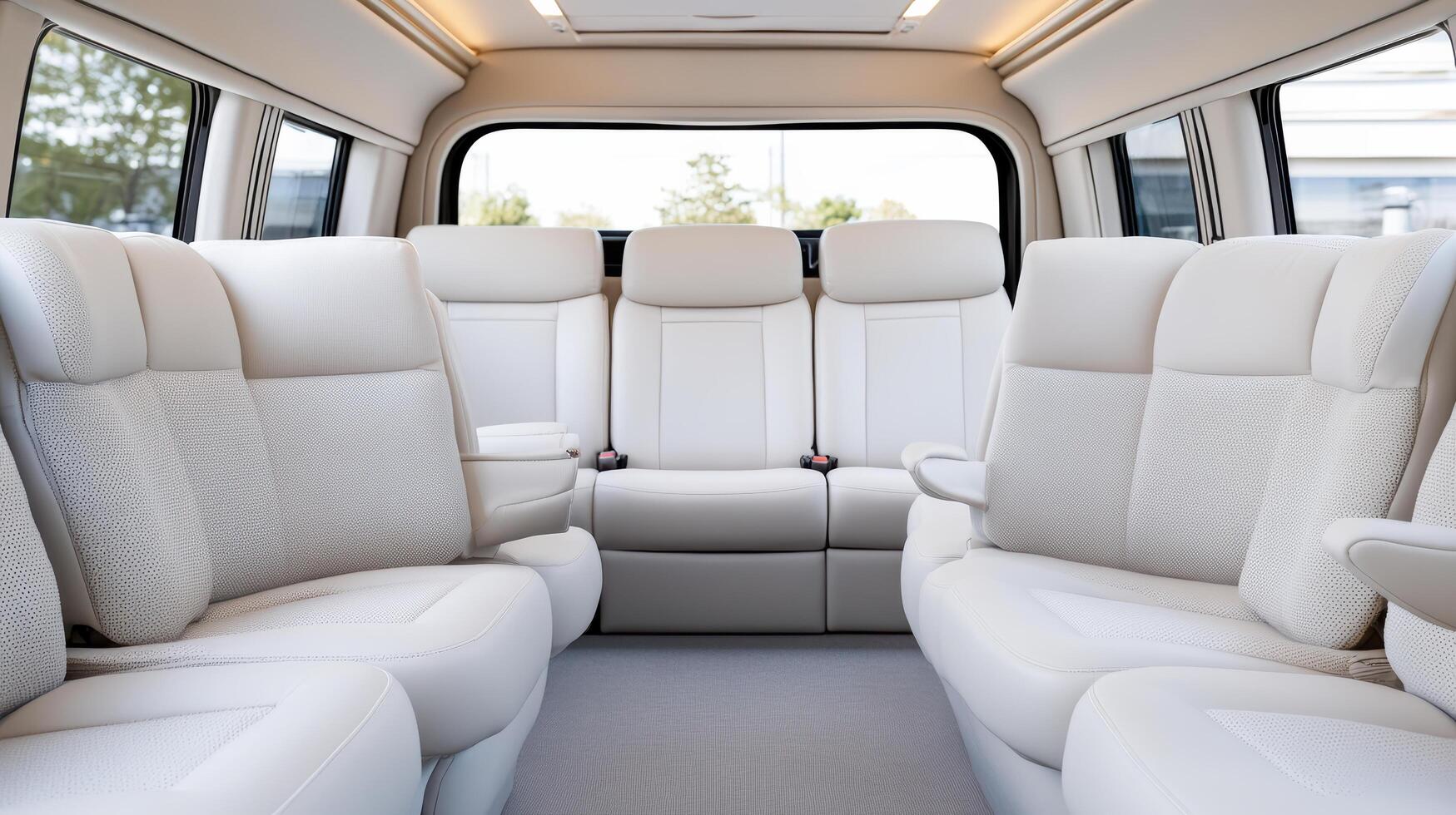 The interior of a van with white leather seats photo