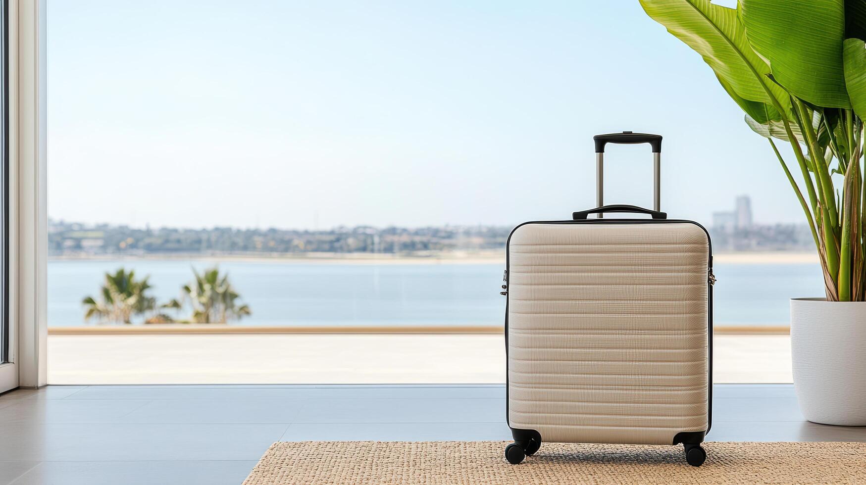A suitcase sits on the floor next to a plant photo