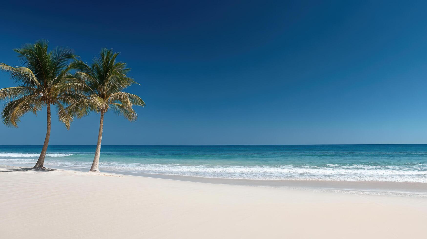 Two palm trees on a beach with blue water photo