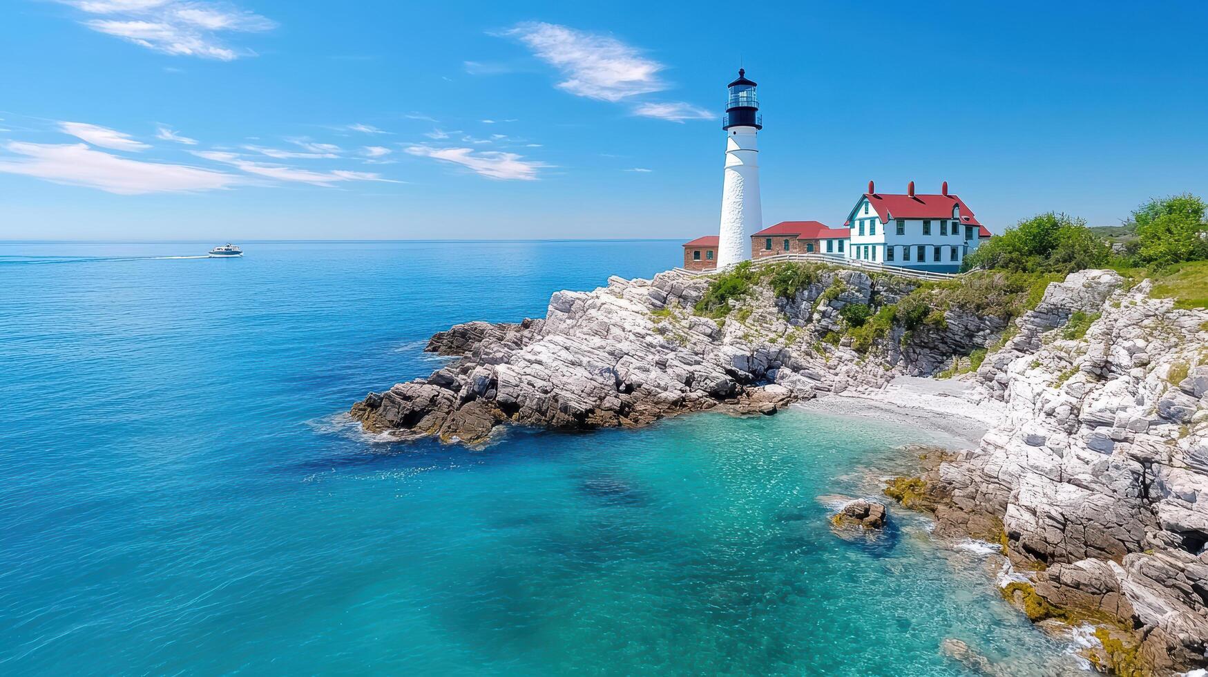 A lighthouse sits on a rocky shoreline next to the ocean photo